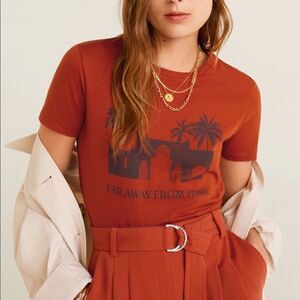 Mango burnt orange organic cotton graphic T-shirt with palm trees size XXS